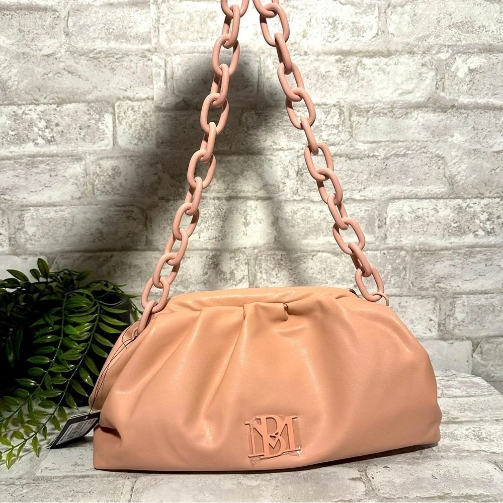 NWT BADGLEY MISCCHKA Blush Pink Wrapped Frame Clutch Ruched Chain Vegan‎ Leather